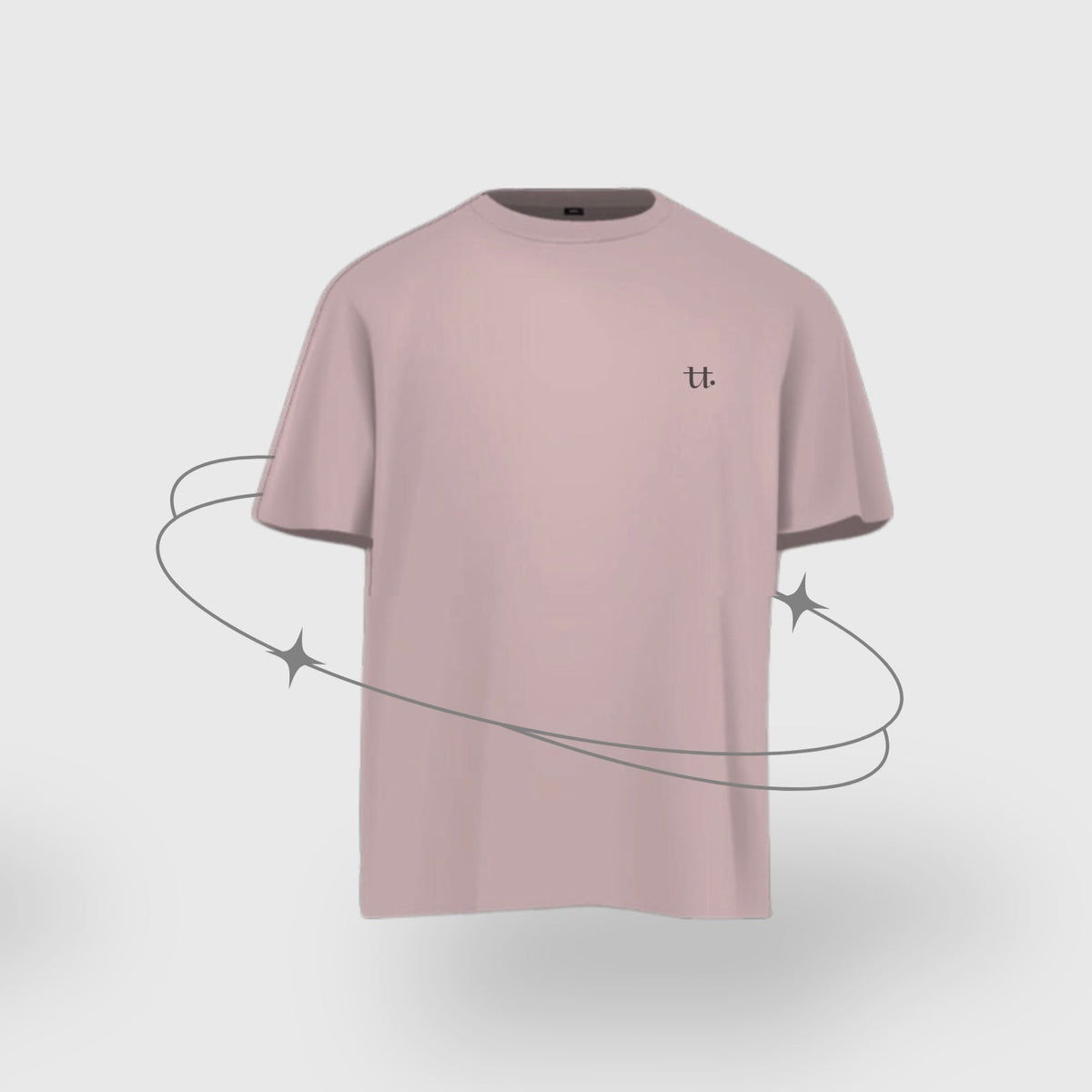 Pink t-shirt with a small logo on a light gray background